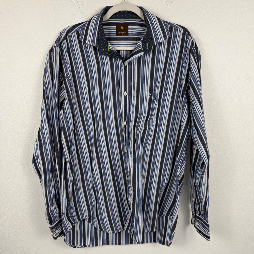 Tailorbyrd Mens Large Blue Black Striped Long Sleeve Button Down Shirt RN112499